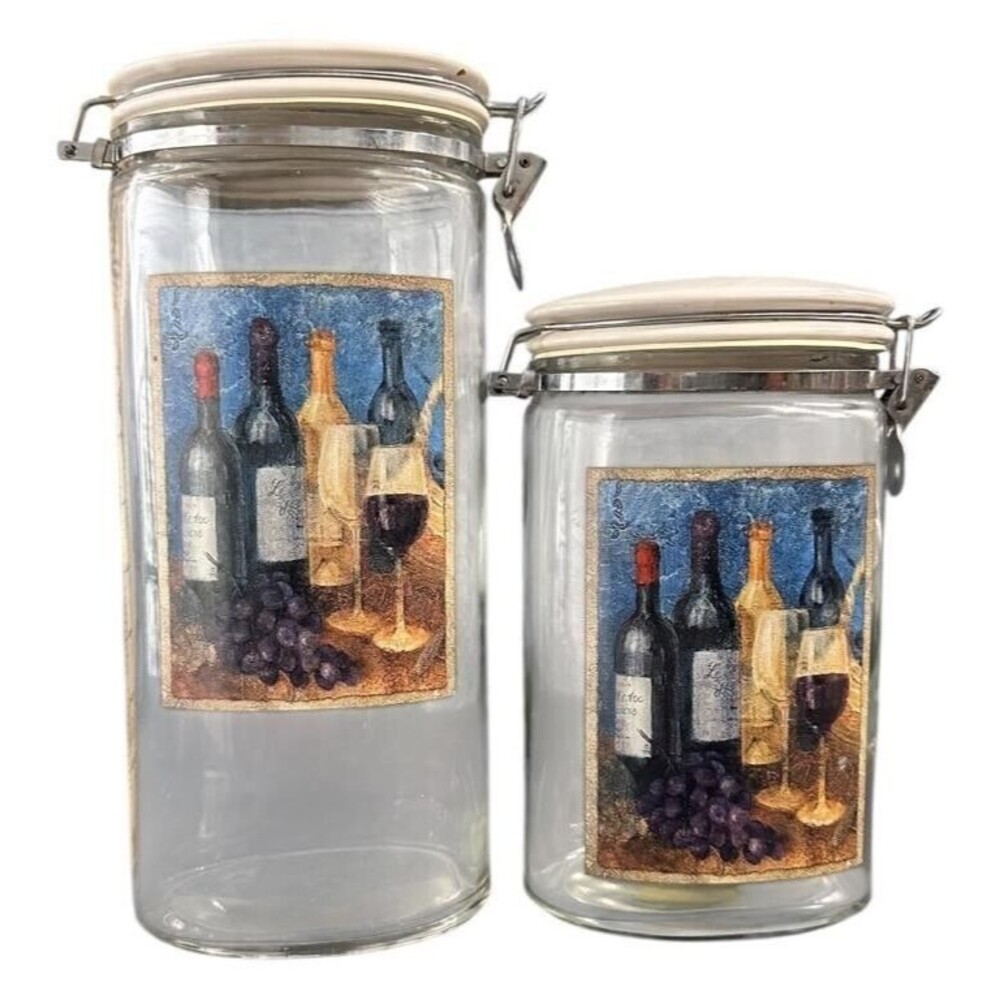 RARE Glass Canister  Wine Bottle & Grape Design 2pc Set VTG Home Storage Kitchen